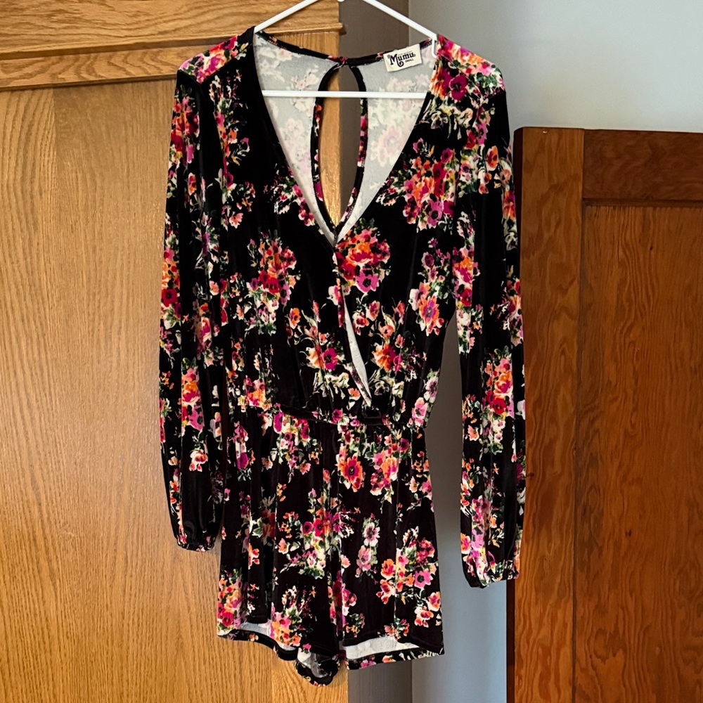 Show Me Your Mumu Velvet Floral Romper - Black, Pink & Green